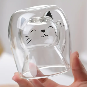 Glasmugg för Kaffe – Dubbelväggig – Värmeisolerad – Happy Smiling Kattmotiv